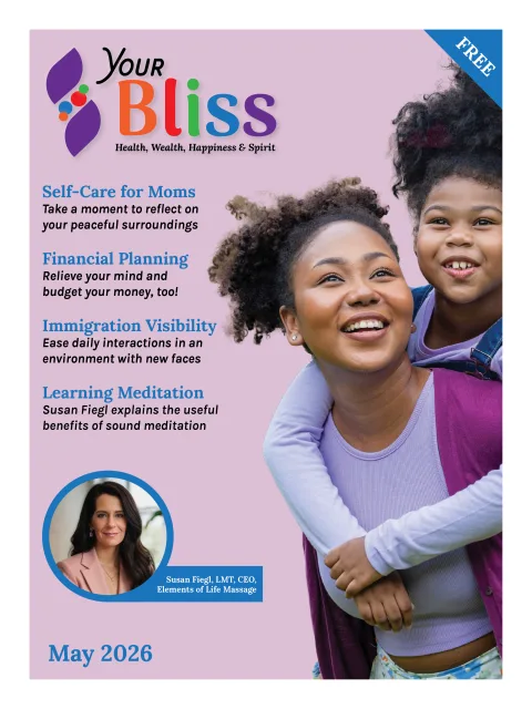 Your Bliss Magazine's May edition cover image and list of featured articles.